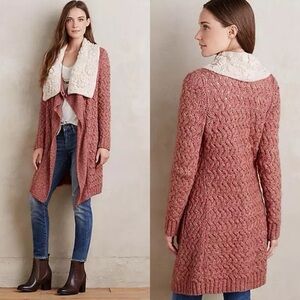 Anthropologie Knitted & Knotted Lilitz Cardigan Sweater Mauve Ivory Collar Small